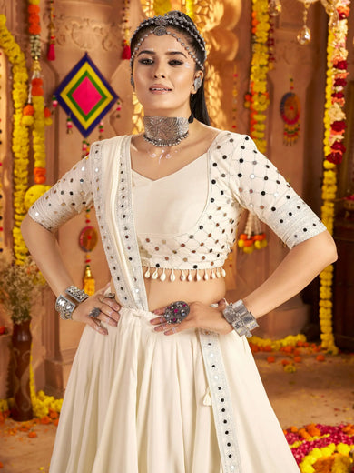 Sweet White Viscose Rayon Mirror Work Festival Wear Lehenga Choli